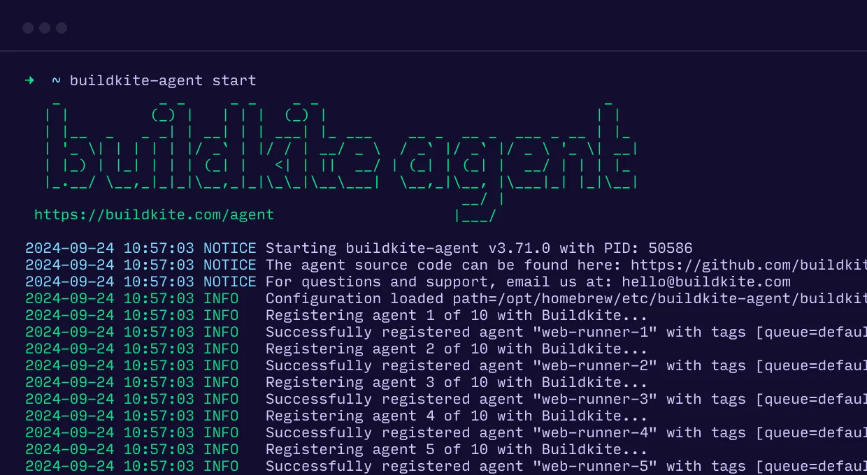 A screenshot of a terminal running `buildkite agent start`